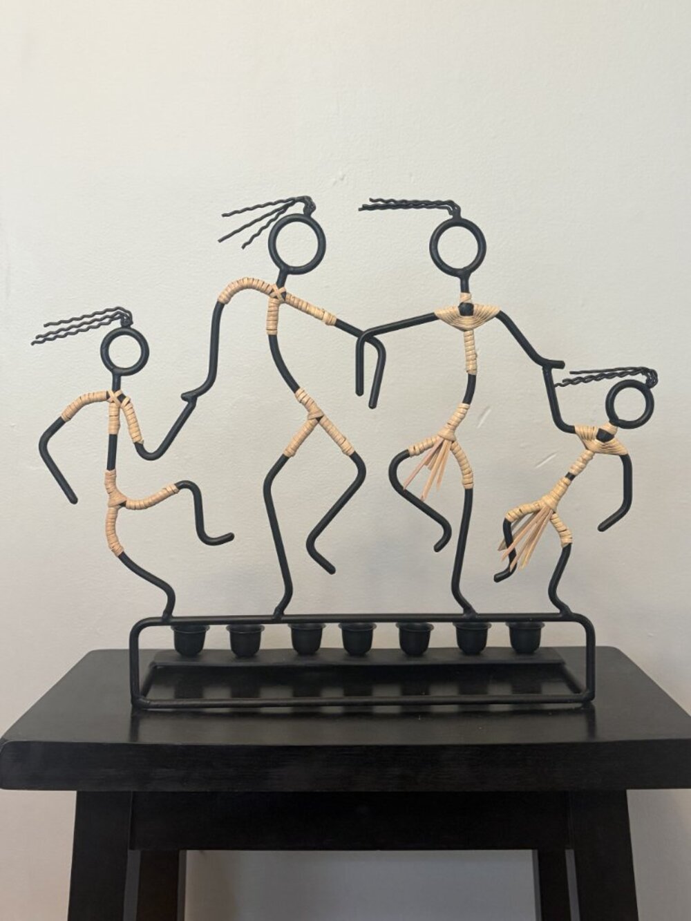 Black Wrought Iron Raffia Dancing Figures 7 Cup Tea Light Candle Holder Art VTG